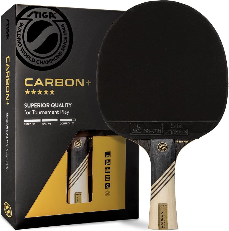 Stiga Carbon+ Bundle Ping Pong Paddle Set – 7-ply Extra Light Carbon Fiber Blade – 2mm Premium Sponge – Concave Pro Handle – 2 3-Star Tournament Balls – Neoprene Racket Cover – Player Wristband - Image 1